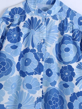 3084/181 Europos ir Amerikos stiliaus mėlynos spalvos gėlių spausdinti ilgomis rankovėmis marškinėliai, pavasarį 2021