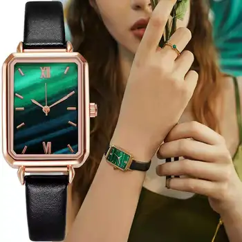 SHSHD Prekės ženklo Moterų Laikrodžiai Mados Aikštė Ponios Kvarcas Laikrodžio Apyrankė Nustatyti, Žalias Ciferblatas Paprasta Rose Gold 