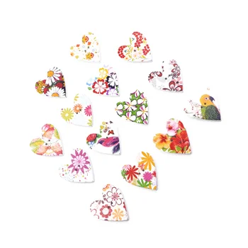100 Vnt 2 Pak Mediniai Mygtukai Spalvos Gėlių Spausdinti Širdies Formos Baltas Bazės Mygtukus, Mielos Siuvimo Rankdarbiams Scrapbo
