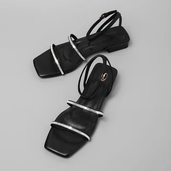 Moterų natūralios odos anklestrap kristalų siauro vasaros butai sandalai atidaryti tne minkštas patogus juoda moteriška laisvalaikio bateliai