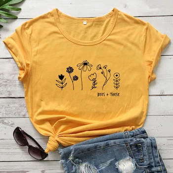 Bites + Šias Polne T-shirt, Derliaus Boho Gėlių, Augalų Lady Marškinėlius Mielos Moterys Grafinis Sodo Tee Viršų