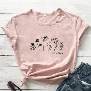 Bites + Šias Polne T-shirt, Derliaus Boho Gėlių, Augalų Lady Marškinėlius Mielos Moterys Grafinis Sodo Tee Viršų