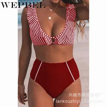 WEPBEL Moterų Plius Dydis maudymosi Kostiumėliai, Dviejų dalių Komplektas Strioed ir High Waisted Bikini