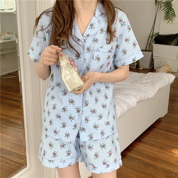 Vasaros gėlių spausdinti pajama nustatyti trumpas rankovės viršuje šortai 2 dalių komplektas sleepwear moterų set home kostiumas korėja naujos pižamos Y455