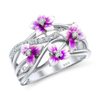 Subtilus Sidabro Cirkonis Vestuvių Nuotakos Sužadėtuvių Žiedai Moterims, Elegantiškas, Gražus Violetinės Gėlės Emalio Multi-layer Piršto Žiedą