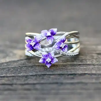 Subtilus Sidabro Cirkonis Vestuvių Nuotakos Sužadėtuvių Žiedai Moterims, Elegantiškas, Gražus Violetinės Gėlės Emalio Multi-layer Piršto Žiedą