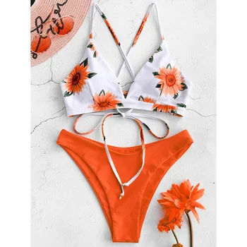 Moterų bikini maudymosi kostiumėlį 2021 Saulėgrąžų gėlių Spausdinti Tankini Swimjupmsuit maudymosi kostiumėlį Paplūdimio Kamšalu maudymosi Kostiumėliai, maio feminino praia