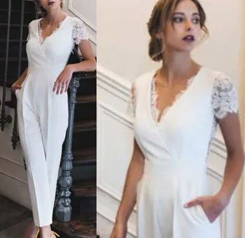 Nėrinių Aplikacijos Jumpsuits Balta Vestuvinė Suknelė Moterims 2021 Užsakymą V Kaklo Elegantiškas Dramblio kaulo Kelnes Vestuvėms Chalatas De Mariee
