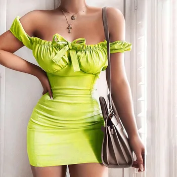 HIGAREDA Moterų Bowknot Apvalkalas Suknelė Žalia Elegantiškas Kvadratinių Kaklo trumpomis Rankovėmis Bodycon Suknelė Mados Slim Lady Mini Naujas Vasaros