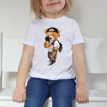 Boys & Girls Cartoon marškinėliai Vaikams Meškiukas Tee Berniukams, Vaikų Vasaros trumpomis Rankovėmis T-shirt vatos Pagaliukai Balti Drabužiai