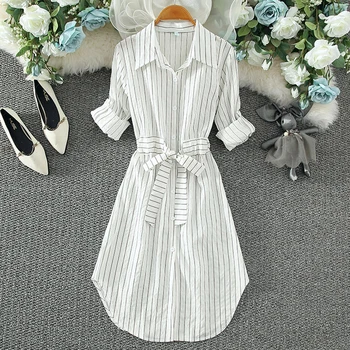2021 Dryžuotas Moterų Suknelė-Tunika Ilgomis Rankovėmis Elegantiškas Marškinėliai Suknelė Mėlyna Balta Juoda Pavasario Vasaros Ponios Atsitiktinis Juostele Mini Suknelės