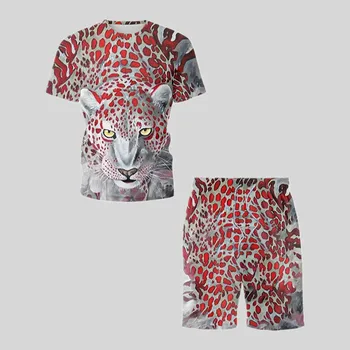 2021 Nauja Madinga Vasaros trumpomis Rankovėmis Kostiumas leopard Galvą Spausdinti Vyrų T-Marškinėliai+Šortai 2-Piece Set Gali Laisvai Suderinta Tracksuit Kostiumas