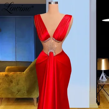 Lowime Sexy V Kaklo Undinė Ilgai Prom Dresses Raudona Šalis Suknelės Vestuvėms 2021 Couture Kristalai Vakarinę Suknelę Chalatas De Soiree