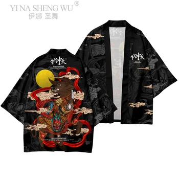 Vyrai Harajuku Kimono Japonijos Black Print Drabužiai, Paltai Ir Kelnės Paplūdimio Kailis Japonų Stiliaus Kimono Streetwear Haori Azijos Kostiumai