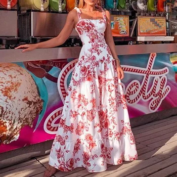 Vasaros Spageti Dirželis Suknelė Moterims Gėlių Spausdinti Rankovių Suknelės Boho Elegantiškas Atsitiktinis Atostogų Ilga Suknelė Vestidos 2021 Naujas