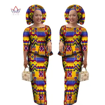 BRW Afrikos Kostiumas Moterims Sijonas ir Pasėlių Viršuje Dashiki Tradicinių Afrikos Drabužius 2 dalių Rinkinys Moterims su headwarp WY1078