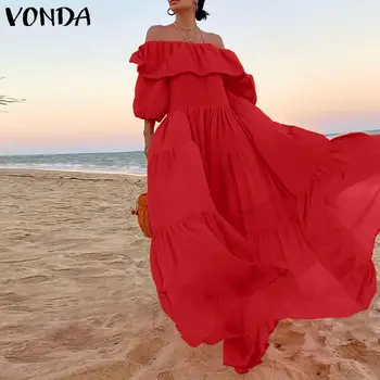 Summer Maxi Dress VONDA Moterų 3/4 Rankovės Off Peties Šalis, Plisuotos Suknelės Bohemijos Vestidos Paplūdimio Sundress Femme