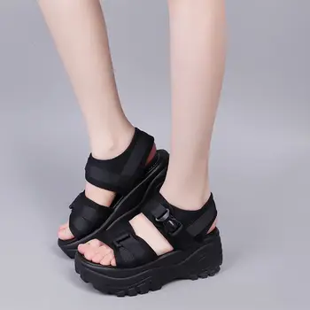 6cm Platforma Sandalai Moterims Pleišto Kulniukai Batai Moterims Sagtis, Odos, Drobės Vasaros Zapatos Mujer Pleištai Moteris Sandalas