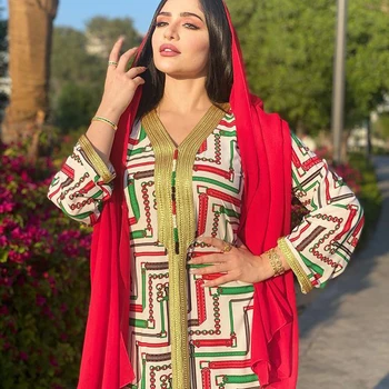 Moterų Dubajus Grandinės Spausdinti Suknelė Maxi Abaja Ilgai Laisvi Nerijos Apdaila Arabų Etninių Musulmonų Mados Jalabiya Caftan Eid Šalies Ramadanas
