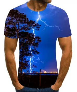 2021 vyrų 3D print T-shirt, žaibo kraštovaizdžio print T-shirt, juoda vasaros T-shirt apvalus kaklas paplūdimio T-shirt