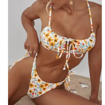 2021 Moterų Sexy Spausdinti Nėriniai-Up Pynimas Juostelės Bikini Nustatyti Dviejų dalių maudymosi kostiumėlį, Maudymosi maudymosi kostiumėlį Brazilijos Biquini Paplūdimio Drabužiai