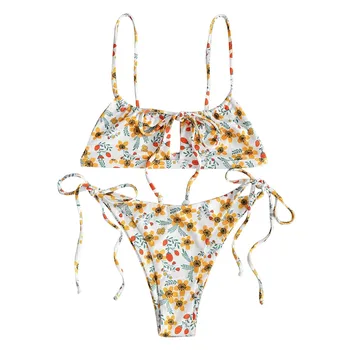 2021 Moterų Sexy Spausdinti Nėriniai-Up Pynimas Juostelės Bikini Nustatyti Dviejų dalių maudymosi kostiumėlį, Maudymosi maudymosi kostiumėlį Brazilijos Biquini Paplūdimio Drabužiai