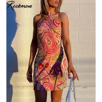 Rockmore Spalvotų Atspausdinti Apynasrio Suknelė Moterims Seksualus Mini Trumpą Suknelę Vasarą Y2K Derliaus Backless Slim Beach Party Sundress 2021