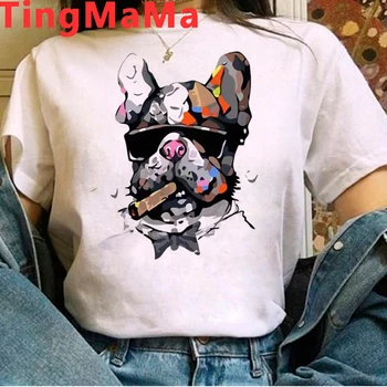 Kawaii prancūzų Buldogas Marškinėliai Moterims Juokingas Vasaros Viršūnes 90-ųjų Animacinių filmų T-shirt Femme Harajuku Pit Bull Grafinis Tees Unisex Moteris