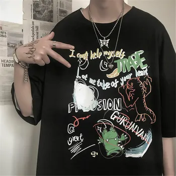 Juoda Hip-Hop Šokių T-Shirt Vyrai Juokinga Harajuku Marškinėlius Streetwear Mados Japonijos Hip-Hop Prarasti Pusę Rankovės dinozaurų marškinėliai Vyrams