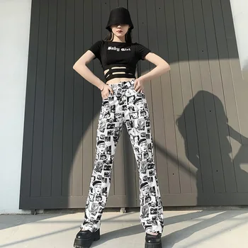 Džinsai Moterims Y2K Derliaus Anime Grafikos Aukšto Liemens Kelnės 90-ŲJŲ Estetika Spausdinti Flare Kelnės Streetwear Mados Atsitiktinis Kelnės