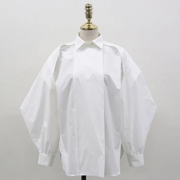 GALCAUR balti laisvalaikio marškinėliai moterims atvartas sluoksniuotos ilgomis rankovėmis kratinys kietas Tiesiai palaidinės moterų vasaros drabužių 2021 stilingas