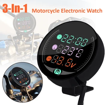 3 In 1 Motociklo LED voltmetras Laikrodis Universalus Elektroninis Skaitmeninis Termometras, Temperatūros, Laiko, Juoda atsparumas Vandeniui