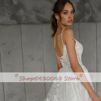 KapokDressy Elegantiškas Organza Tiulio-line Vestuvių Suknelės 2021 Seksualus Spagečiai Dirželiai Appliques Blizgančiais Rankovių Nuotakos Suknelės