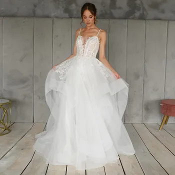 KapokDressy Elegantiškas Organza Tiulio-line Vestuvių Suknelės 2021 Seksualus Spagečiai Dirželiai Appliques Blizgančiais Rankovių Nuotakos Suknelės