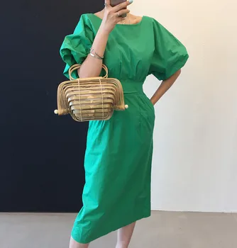 Moterų Vasaros Sundress Žalia Vintage Suknelė Elegantiškas Femme Skraiste vientisos Spalvos Sluoksniuotos Rankovėmis Juosmens Tvarstis Suknelė 2021