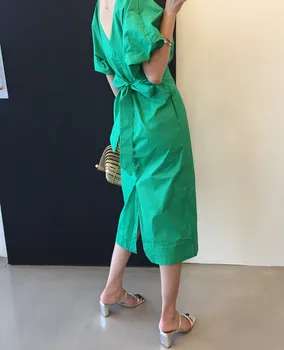 Moterų Vasaros Sundress Žalia Vintage Suknelė Elegantiškas Femme Skraiste vientisos Spalvos Sluoksniuotos Rankovėmis Juosmens Tvarstis Suknelė 2021