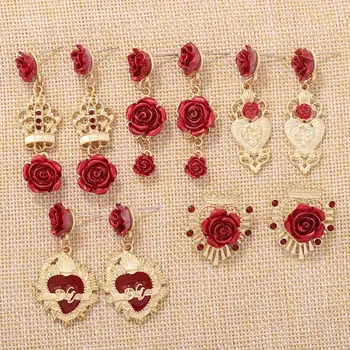 Geriausia Lady korėjos Prabangių Gėlių Širdies Auskarai Moterims Derliaus Elegantiškas, Romantiškas, Raudona Rožė Lašas Auskarai, Vestuviniai Papuošalai, Šaliai