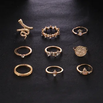 9pcs/Set Naujas Gyvatės formos Karka Žiedų Rinkinys Moterims senovinių monetų Geometrinis Piršto Žiedai Lady Vestuvių Papuošalai