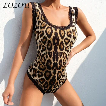 Moterų Nėriniai Bodysuit Seksualus Leopardas Spausdinti Petnešos Moteriški Apatiniai Kostiumas, Drabužiai, Drabužiai, Diržas vientisas Atgal Dirželis apatinis Trikotažas
