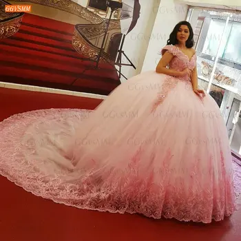 Prabanga Rožinė Vestuvių Suknelė nuo Peties iki 2021 m. chalatas de mariée Nėrinių Appliques Duobute purus Nuotakos Suknelės Moterims suknia slubna