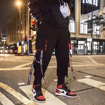 Vyrai Krovinių Kelnės Hip-Hop Poilsiu Sweatpants Vyriškos Juodos Spalvos Kombinezonas Berniukams, Juostelės Streetwear Haremo Kelnės Paaugliams Mados Kelnės
