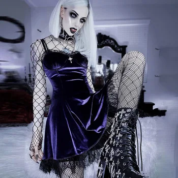 AltGirl Mall Goth Raudonos Aksomo Suknelė Moterims Derliaus Estetinės Dark Gothic Punk Seksualus Stebėjimo Suknelė Y2k Nėrinių Apdaila Šalis Suknelė