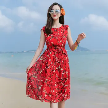 Moterys, Vasaros Gėlių Paplūdimio Blyksnius Suknelės, Raudonos, Žalios Apvalios Kaklo Bžūp Rankovėmis Nėrinių Juosmens Šifono Vienas Gabalas Atostogų Romantiška Skraiste