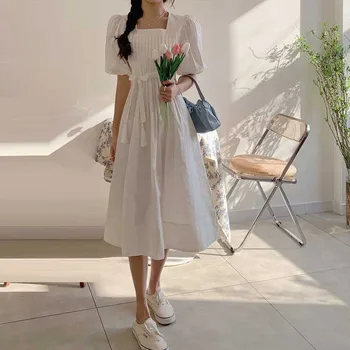 Korėjos Suknelė 2021 M. Vasaros Moterų Mados Plonas Nėrinių Sluoksniuotos Rankovėmis Suknelės Vientisas Elegantiškas Ponios Prancūzijos Office Suknelė 