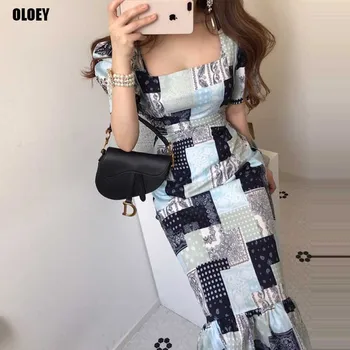Derliaus Spausdinimo Kvadratinių Kaklo Sluoksniuotos Rankovėmis Undinė Lady Suknelė Elegantiškas Vientisas Suknelės Korėjos Mados 2021 M. Vasaros Suknelės Midi Suknelė