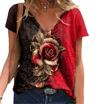 Elegantiškas 3D Spausdinimo Gradientas Rose T-shirt 2021 m. Vasaros Moterų V-Kaklo trumpomis Rankovėmis Megztinis Viršūnes Mados Gatvė Atsitiktinis Marškinėlius Lady Tee