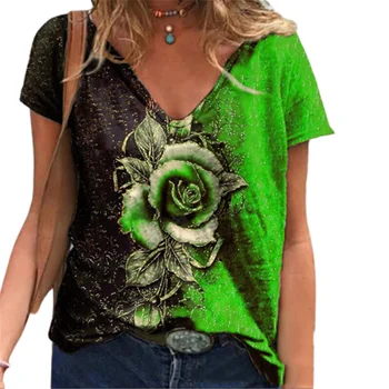 Elegantiškas 3D Spausdinimo Gradientas Rose T-shirt 2021 m. Vasaros Moterų V-Kaklo trumpomis Rankovėmis Megztinis Viršūnes Mados Gatvė Atsitiktinis Marškinėlius Lady Tee