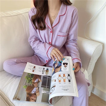 Svetimų Katytė 2021 Stilingas Geometrinis Pledas Naujas Homewear Visų Rungtynių Sleepwear Laisvas Mergaites Lady Moterų Karšto Saldus Prašmatnus Pižama Rinkiniai