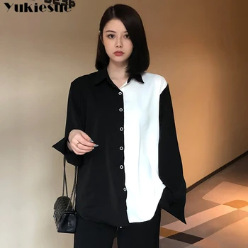 Moteris blusas mujer elegantes 2021 m. vasarą juoda balta kratinys ilgomis rankovėmis Moterų marškiniai Viršų palaidinės ir marškinėliai moterims topai