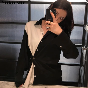 Moteris blusas mujer elegantes 2021 m. vasarą juoda balta kratinys ilgomis rankovėmis Moterų marškiniai Viršų palaidinės ir marškinėliai moterims topai
